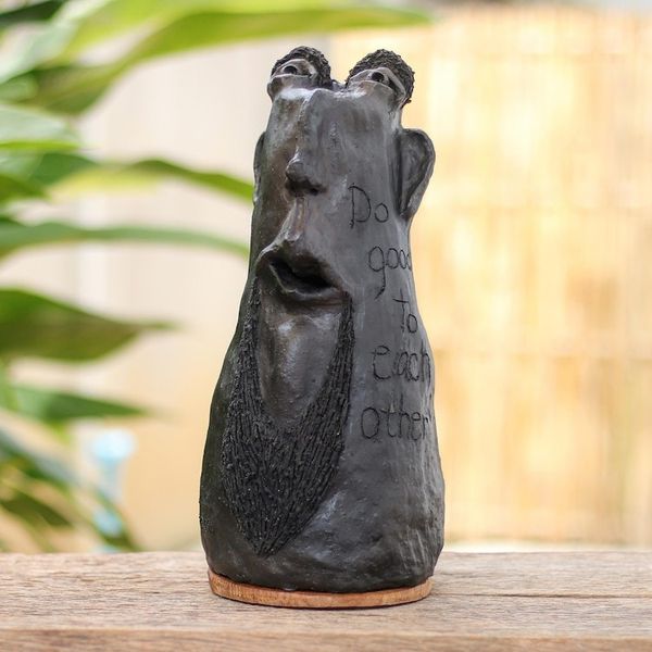 Alternate image for Handmade Ceramic and Teak Wood Statuette Brave Man