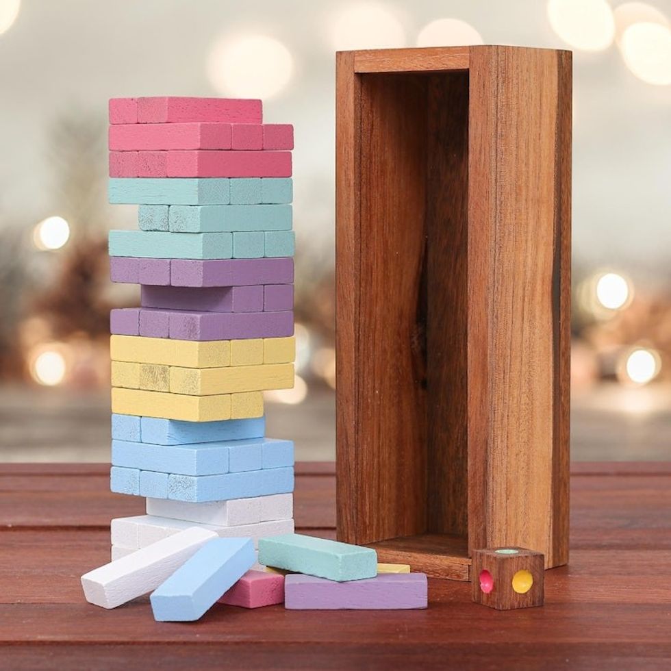 Handmade Raintree Wood Stacking Puzzle 'Colorful Balance in Large'