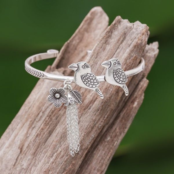Alternate image for Rainforest Bird Themed Sterling Silver Cuff Bracelet Rainforest Birds