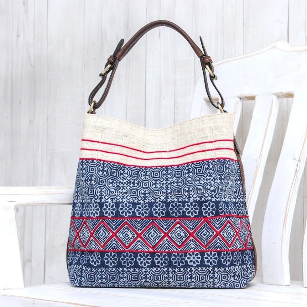Thai Batik Block Print Shoulder Bag in Indigo 'Hmong Block'