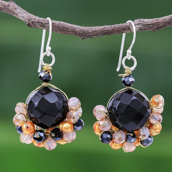 Alternate image for Black Onyx and Orange Freshwater Pearl Dangle Earrings Vivid Dream in Orange