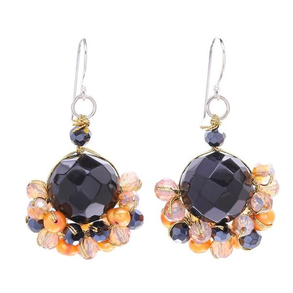 Alternate image for Black Onyx and Orange Freshwater Pearl Dangle Earrings Vivid Dream in Orange