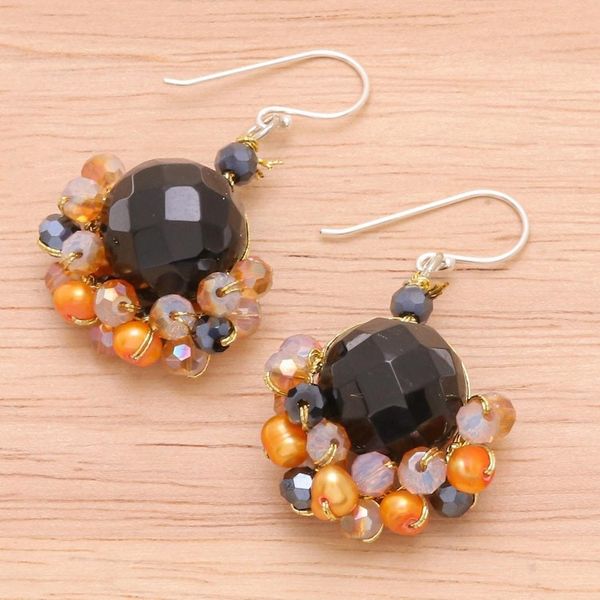 Alternate image for Black Onyx and Orange Freshwater Pearl Dangle Earrings Vivid Dream in Orange