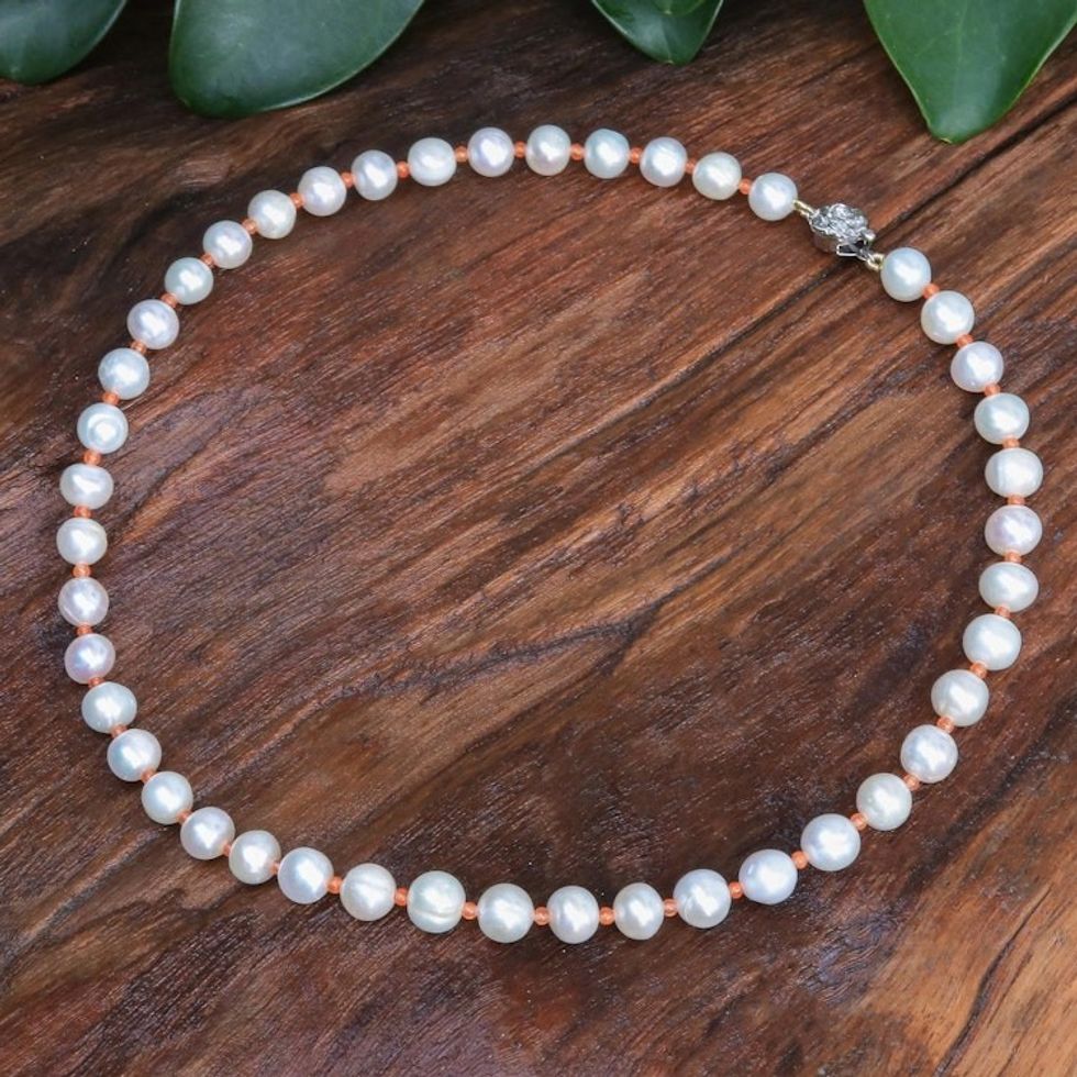 Cultured Freshwater Pearl and Agate Beaded Necklace 'Sea Catch in Orange'