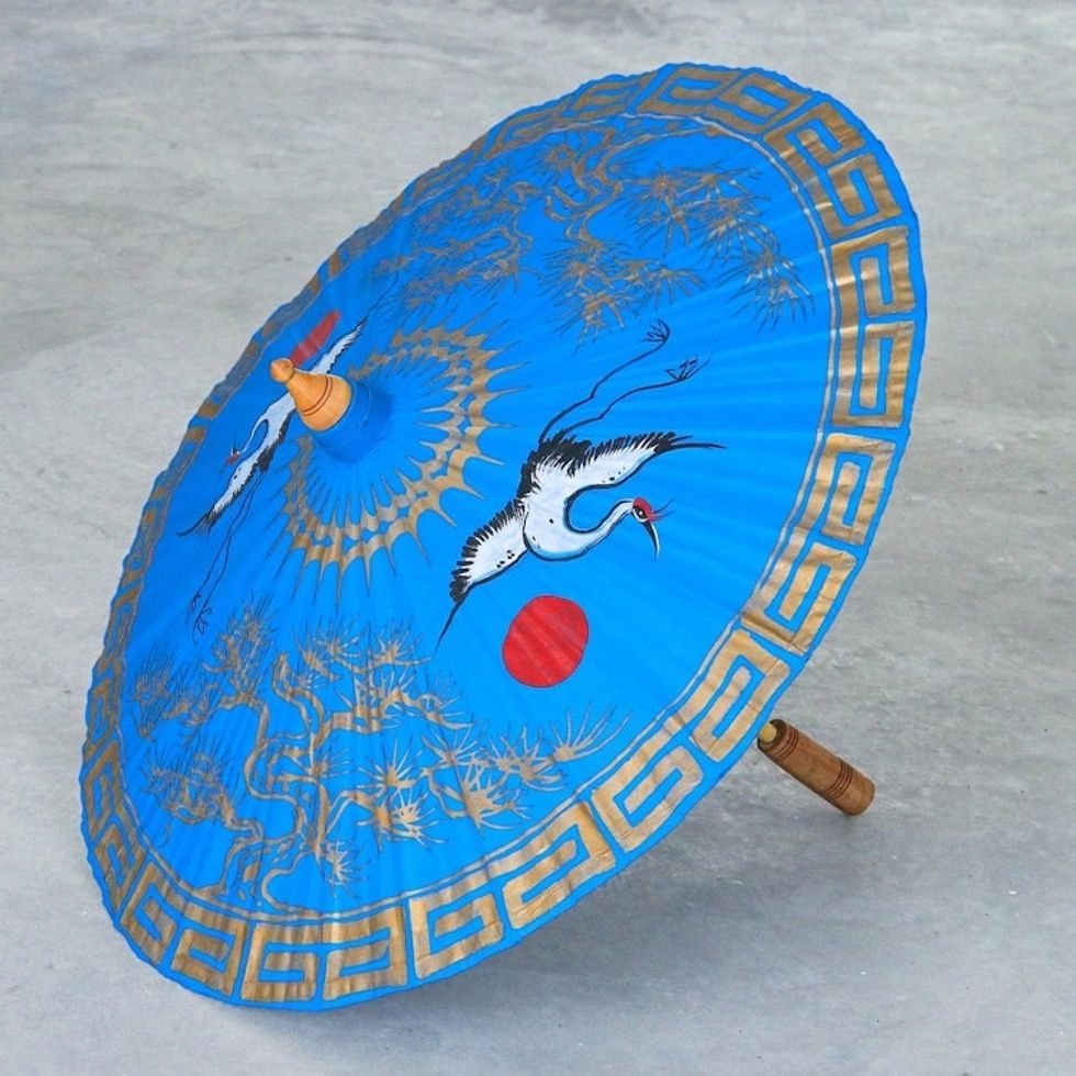 Hand-Painted Blue Crane-Motif Cotton Parasol 'Happy Cranes in Light Blue'