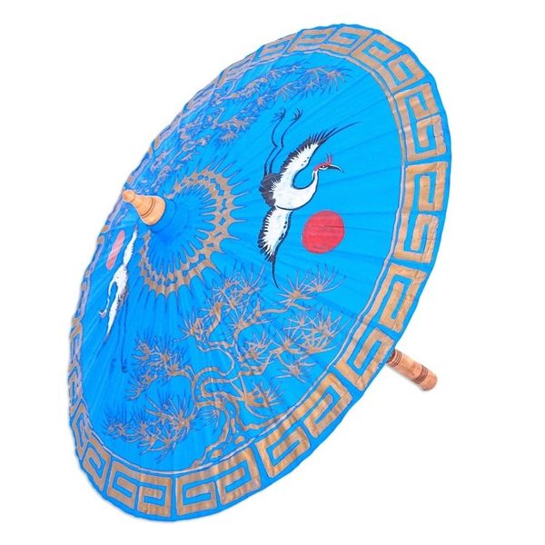 Alternate image for Hand-Painted Blue Crane-Motif Cotton Parasol Happy Cranes in Light Blue