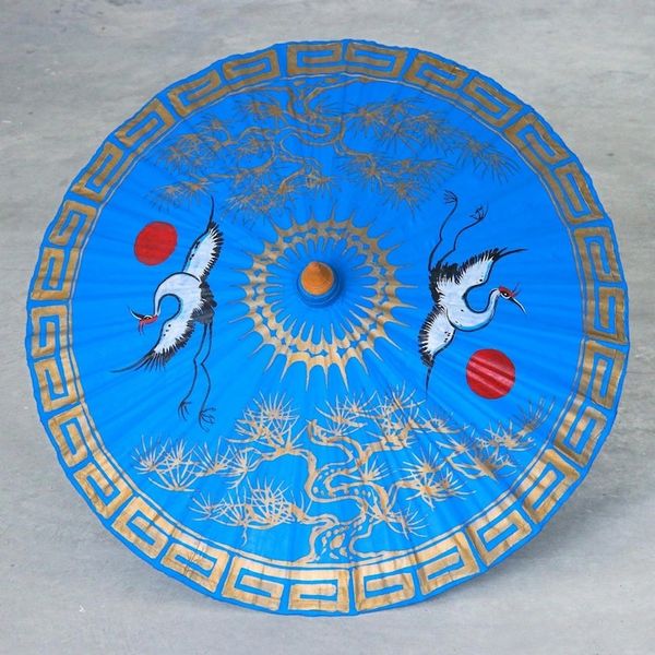 Alternate image for Hand-Painted Blue Crane-Motif Cotton Parasol Happy Cranes in Light Blue