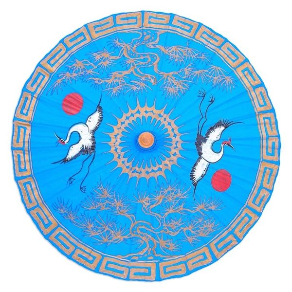 Alternate image for Hand-Painted Blue Crane-Motif Cotton Parasol Happy Cranes in Light Blue