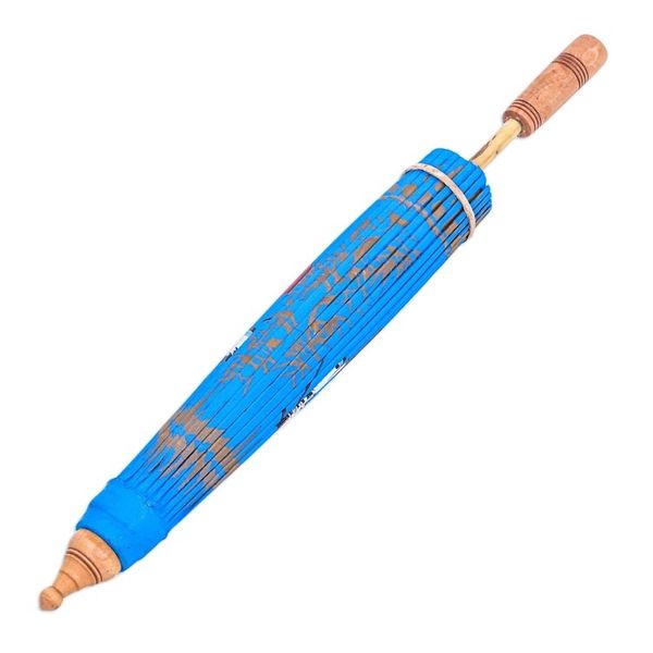 Alternate image for Hand-Painted Blue Crane-Motif Cotton Parasol Happy Cranes in Light Blue