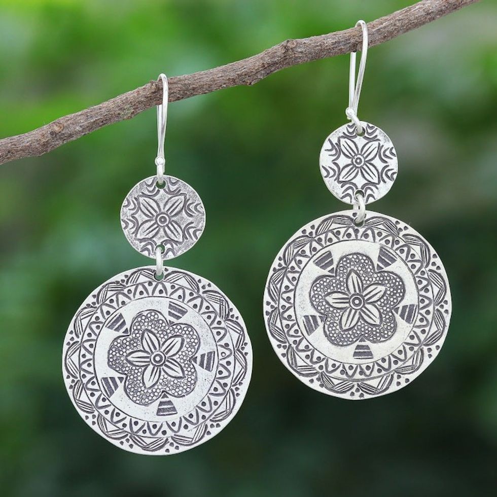 Handmade Silver Floral Dangle Earrings 'Fancy Flower'