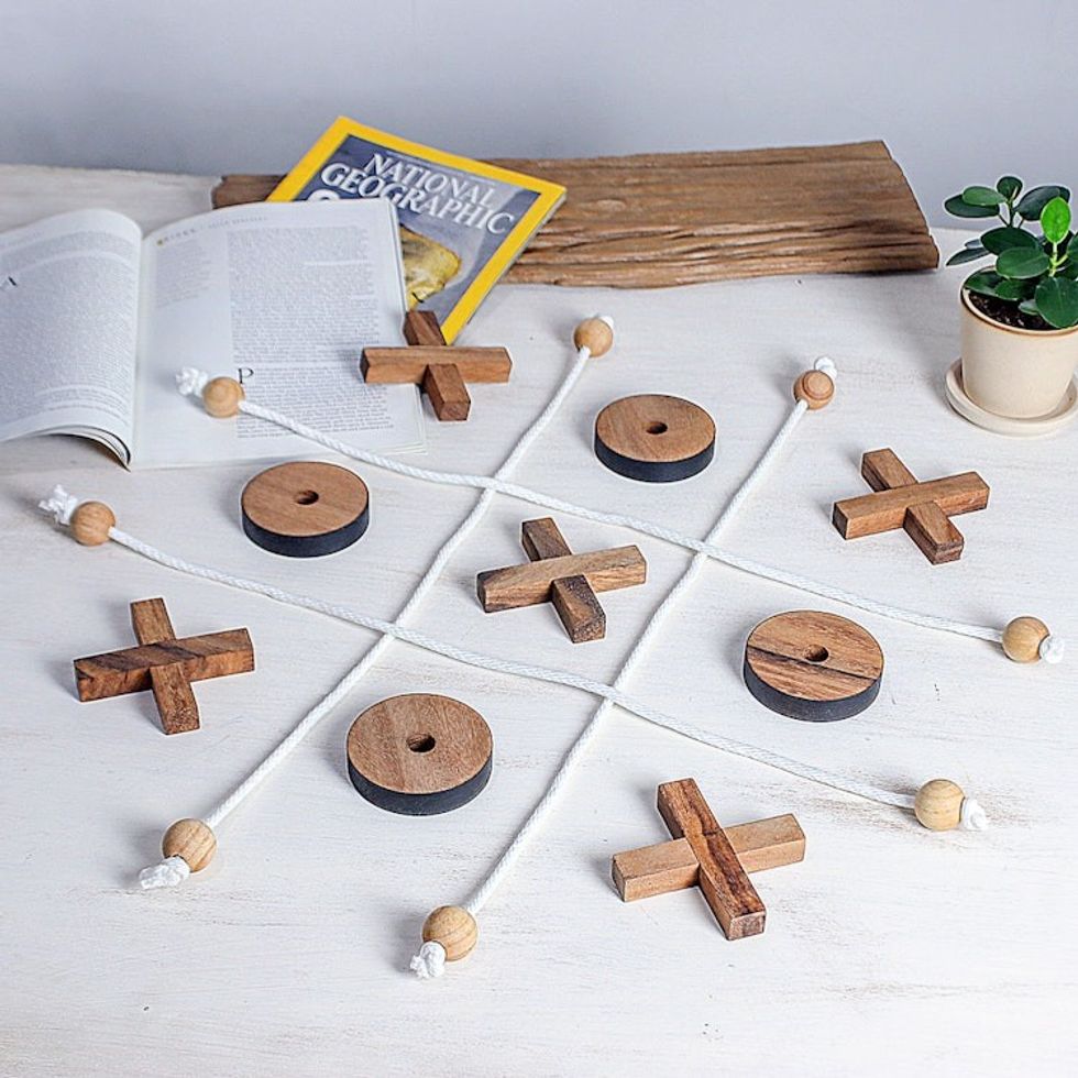 Handmade Raintree Wood Tic-Tac-Toe Game from Thailand 'Roped In'