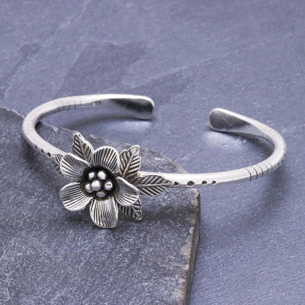 Hill Tribe Style Sterling Silver Floral Cuff Bracelet 'Winter Flower'