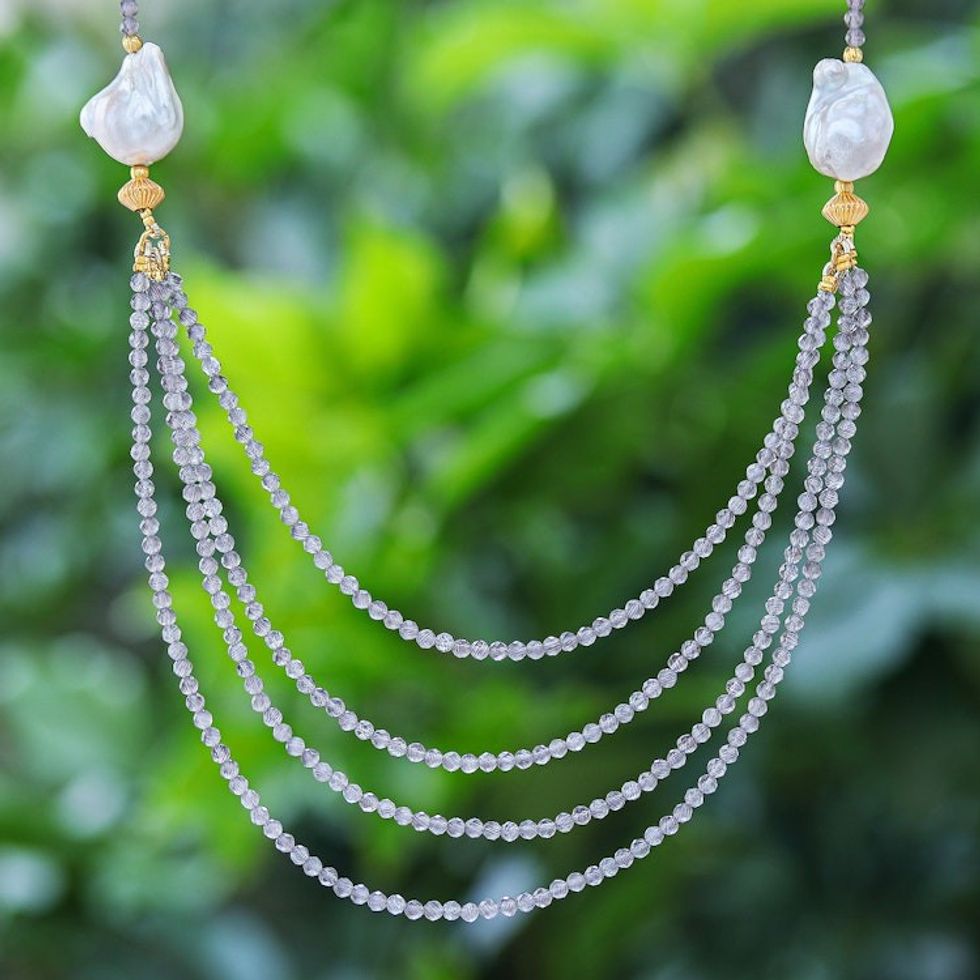 Gold-Accented Pearl and Smoky Quartz Pendant Necklace 'Icy Shores in Grey'