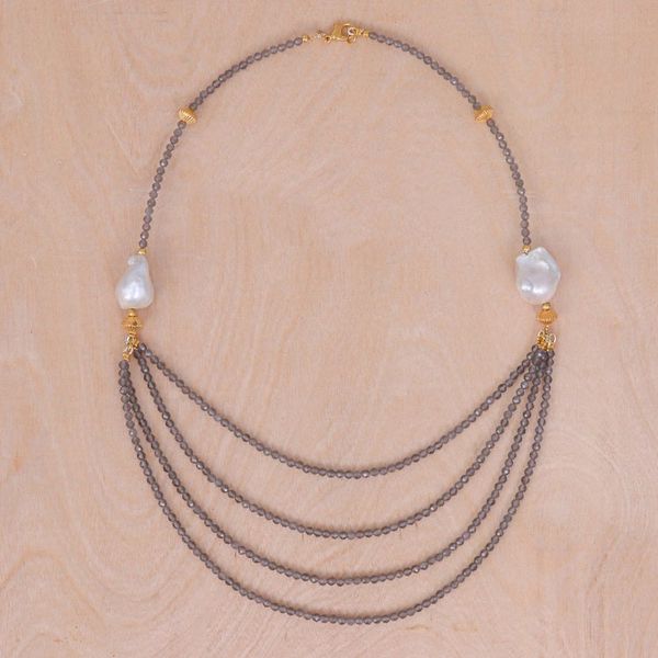 Alternate image for Gold-Accented Pearl and Smoky Quartz Pendant Necklace Icy Shores in Grey