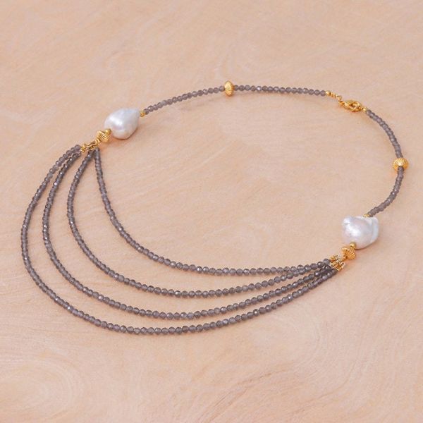 Alternate image for Gold-Accented Pearl and Smoky Quartz Pendant Necklace Icy Shores in Grey