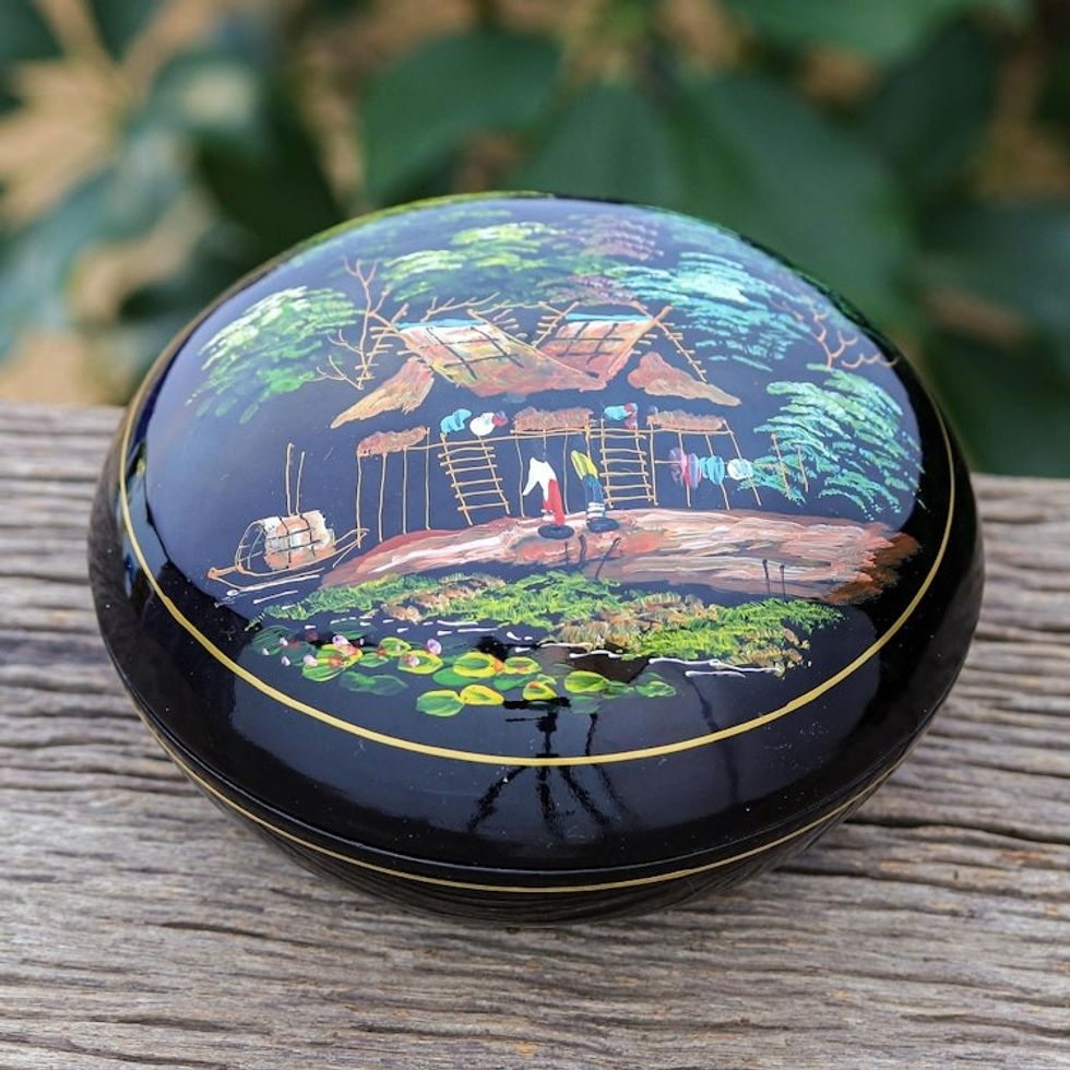Lacquerware Mango Wood Box from Thailand 'Countryside Visit'