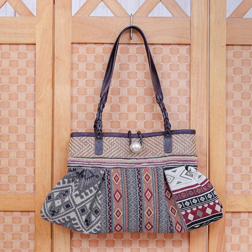 Cotton Blend Shoulder Bag with Braided Leather Strap 'Breathe Easy in Yellow'