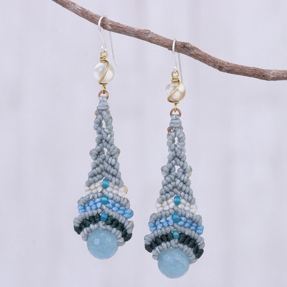 Quartz and Agate Macrame Beaded Dangle Earrings 'Raindrop in Blue'