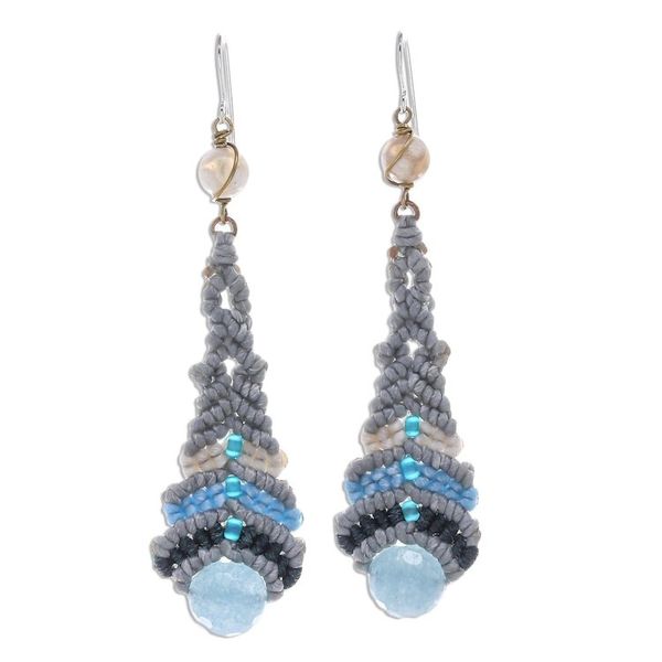 Alternate image for Quartz and Agate Macrame Beaded Dangle Earrings Raindrop in Blue