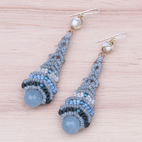 Alternate image for Quartz and Agate Macrame Beaded Dangle Earrings Raindrop in Blue