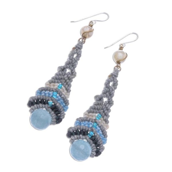 Alternate image for Quartz and Agate Macrame Beaded Dangle Earrings Raindrop in Blue