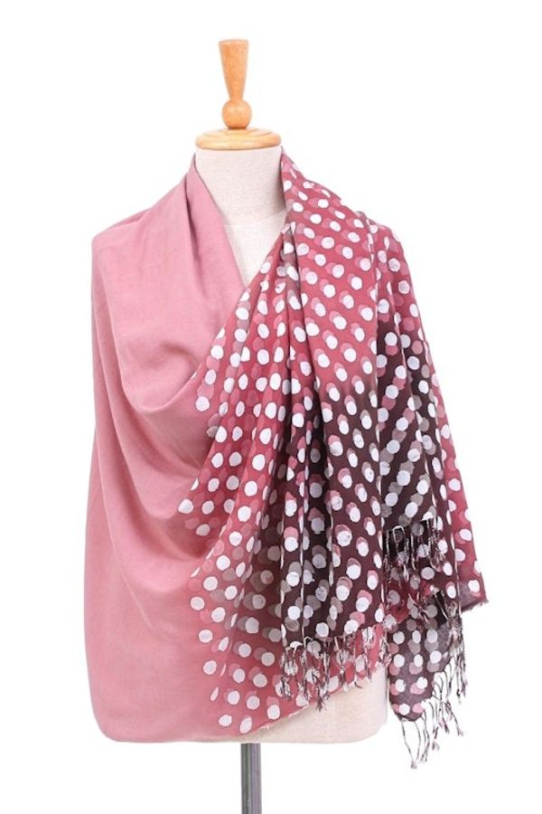 Alternate image for Fringed Batik Cotton and Rayon Blended Shawl Dusty Rose Dots