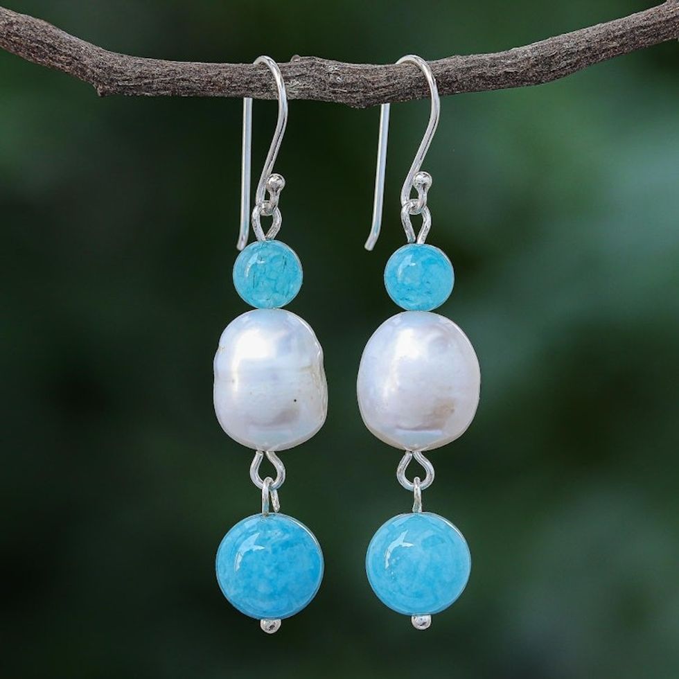 Cultured Freshwater Pearl and Quartz Dangle Earrings 'Electric Ocean'