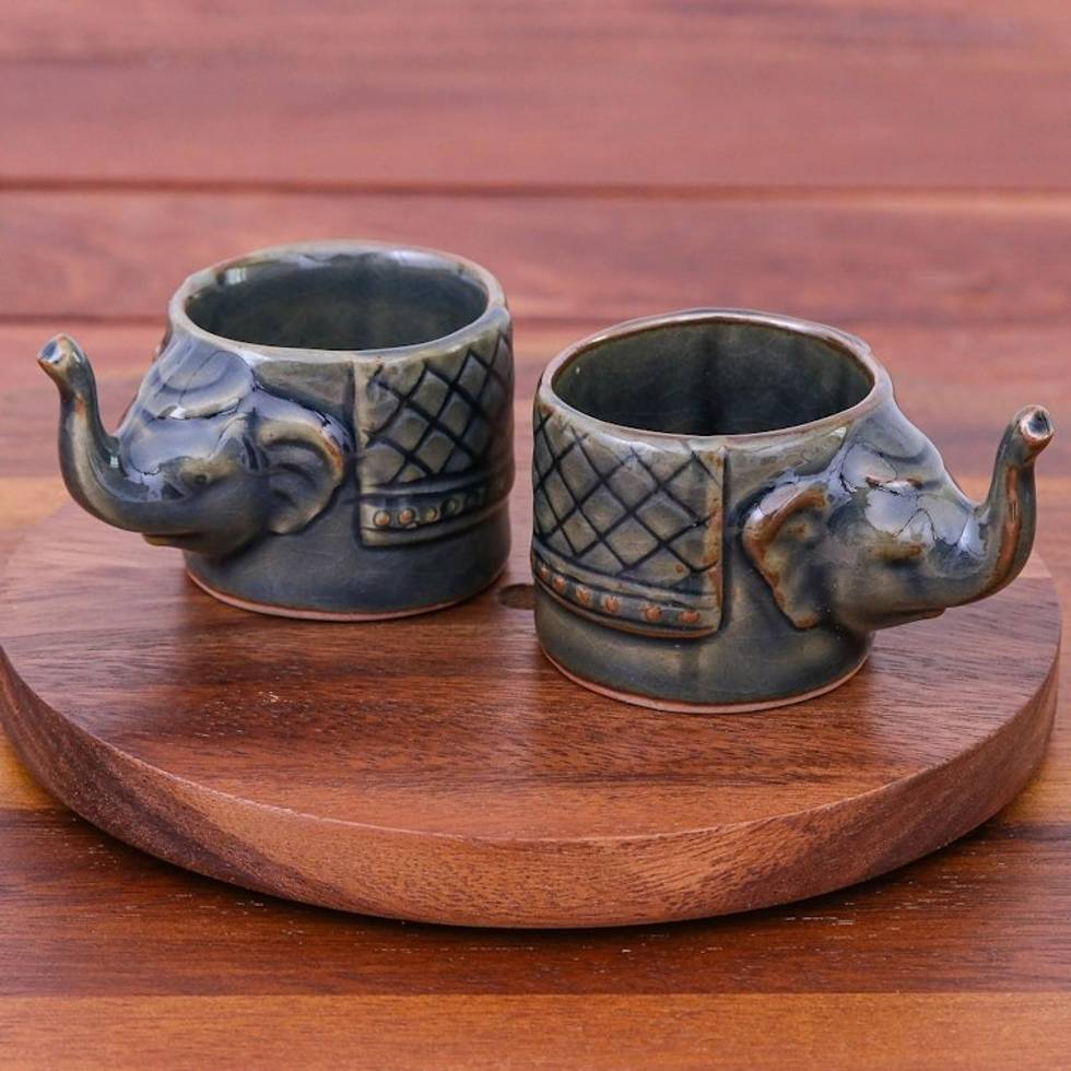 Handmade Brown Celadon Ceramic Elephant Teacups Pair 'Elephant Essence in Brown'