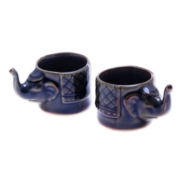 Alternate image for Handmade Brown Celadon Ceramic Elephant Teacups Pair Elephant Essence in Brown