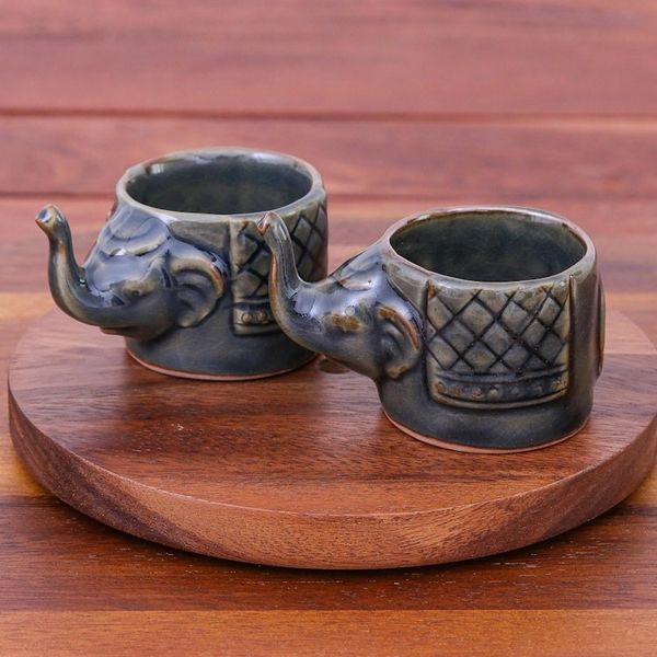 Alternate image for Handmade Brown Celadon Ceramic Elephant Teacups Pair Elephant Essence in Brown
