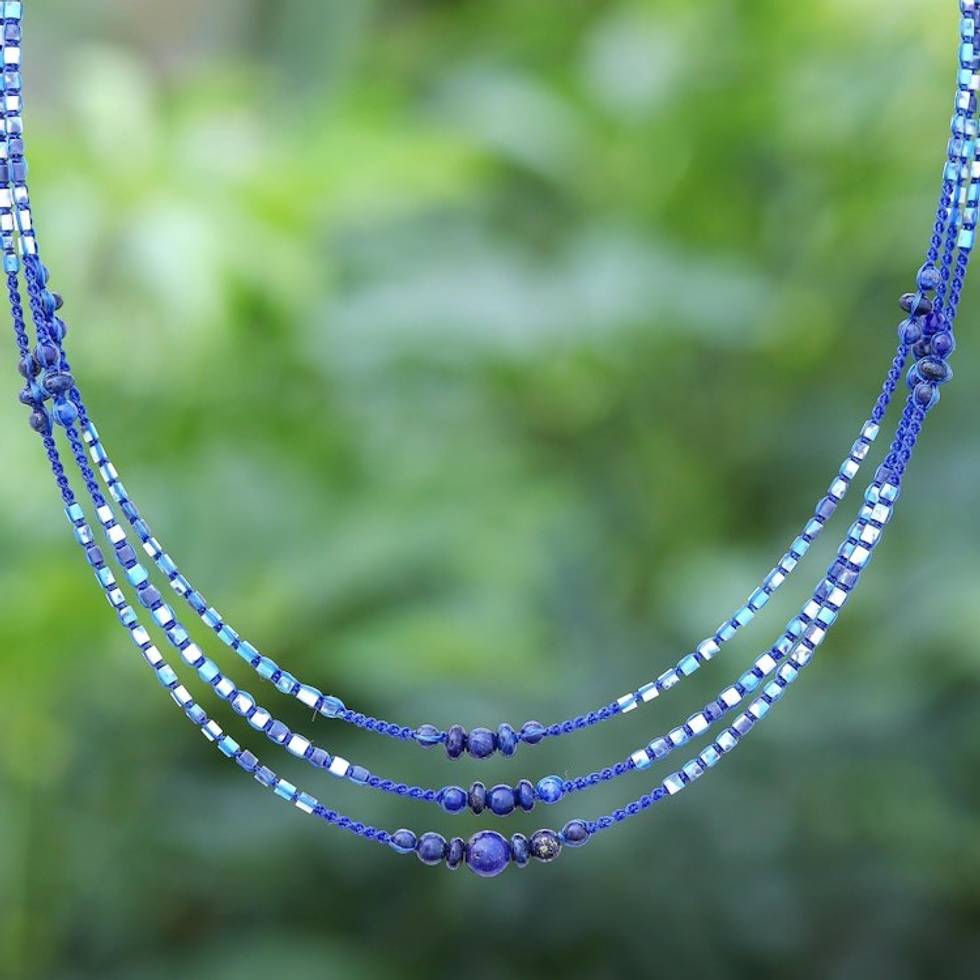 Macrame Lapis Lazuli and Howlite Beaded Necklace 'Sea Plane'