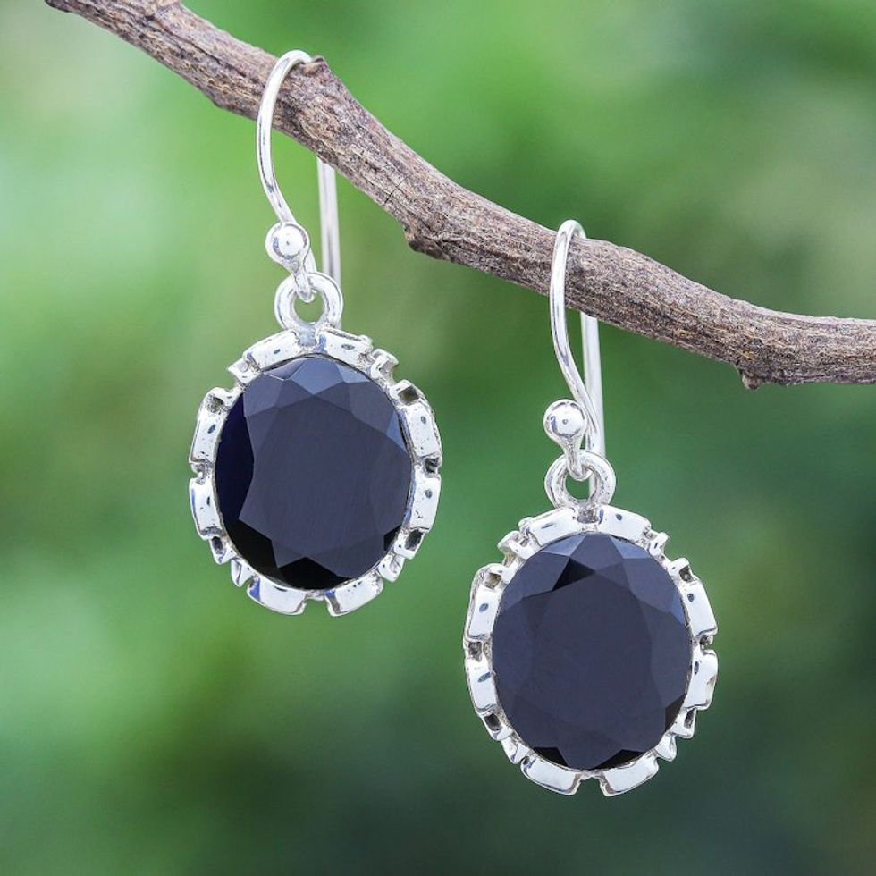 Oval Faceted Black Onyx Dangle Earrings 'Black Allure'