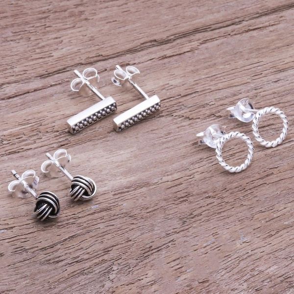Alternate image for Handcrafted Sterling Silver Stud Earrings Set of 3 Early Riser