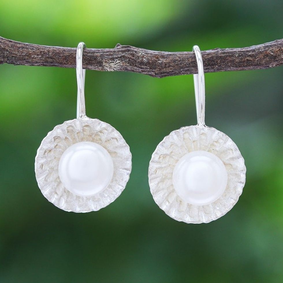 Hand Crafted Cultured Pearl and Sterling Silver Earrings 'Lustrous Sun'