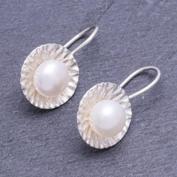 Alternate image for Hand Crafted Cultured Pearl and Sterling Silver Earrings Lustrous Sun