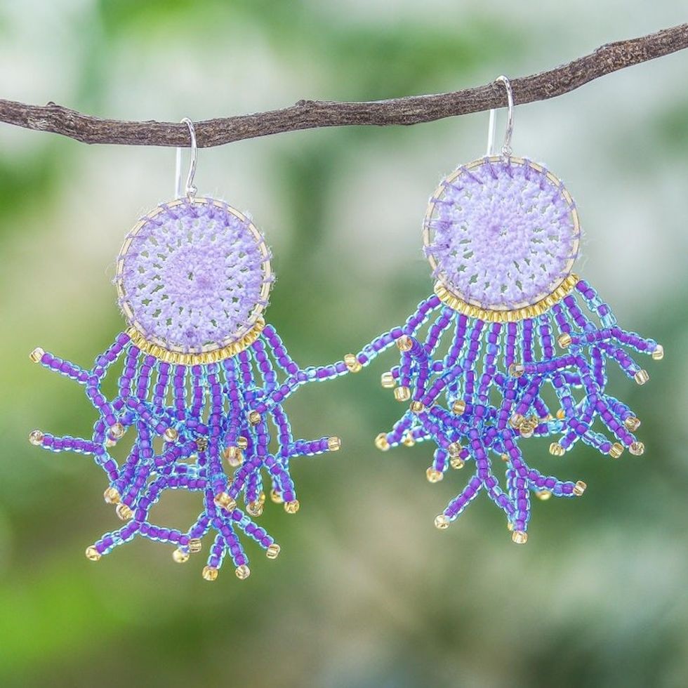 Crocheted Dreamcatcher Earrings with Orchid Glass Beads 'Dreaming Tree in Orchid'