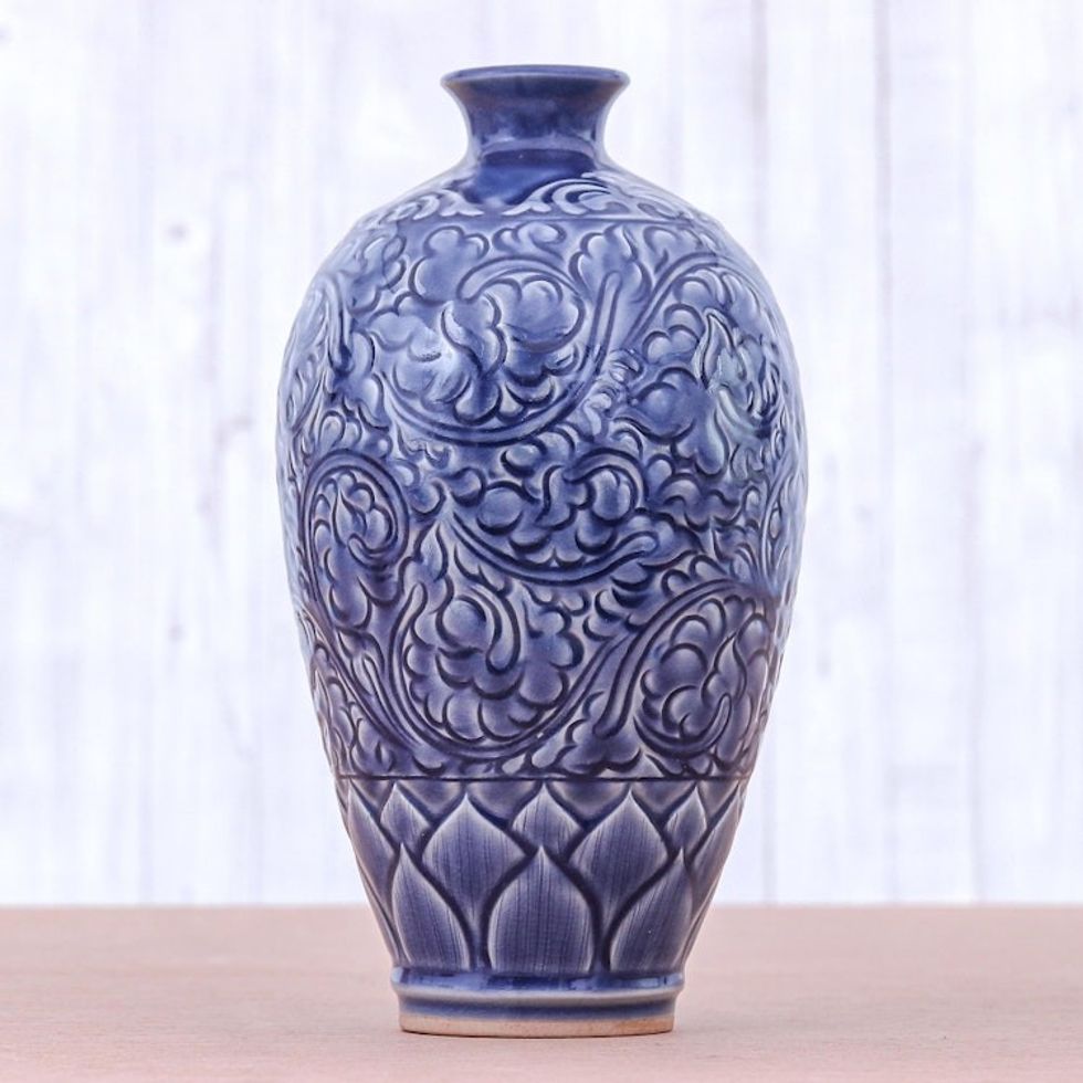 Artisan Made Blue Ceramic Vase 'Blue Flora'