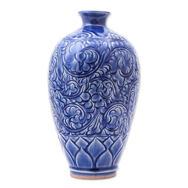 Alternate image for Artisan Made Blue Ceramic Vase Blue Flora