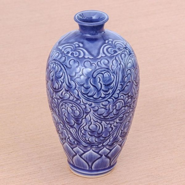 Alternate image for Artisan Made Blue Ceramic Vase Blue Flora