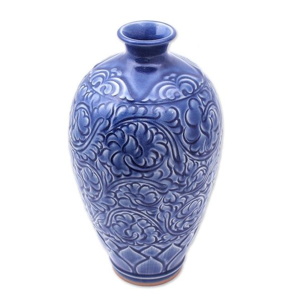Alternate image for Artisan Made Blue Ceramic Vase Blue Flora