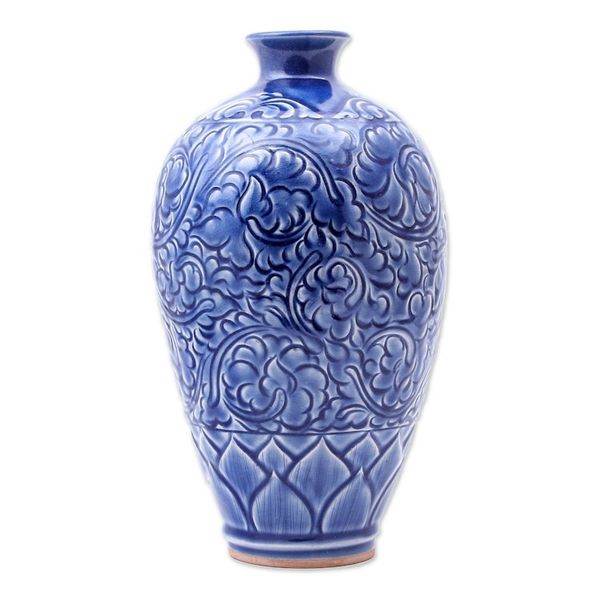 Alternate image for Artisan Made Blue Ceramic Vase Blue Flora