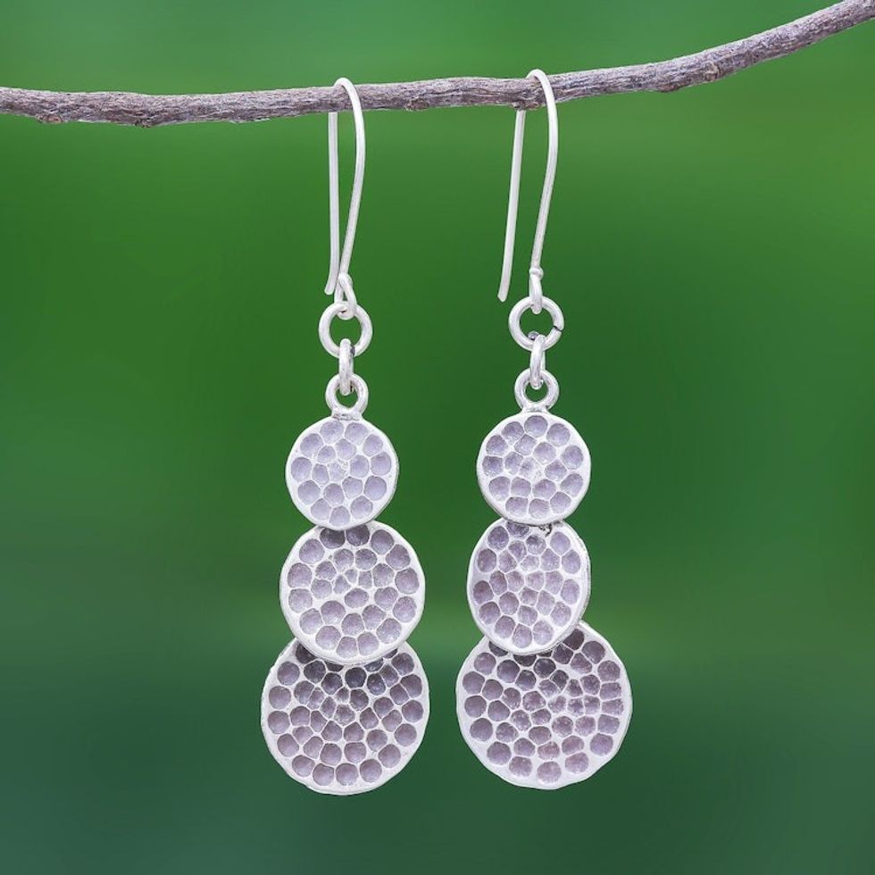 Oxidized Hand Tooled Sterling Silver Circle Dangle Earrings 'Polka Karen'
