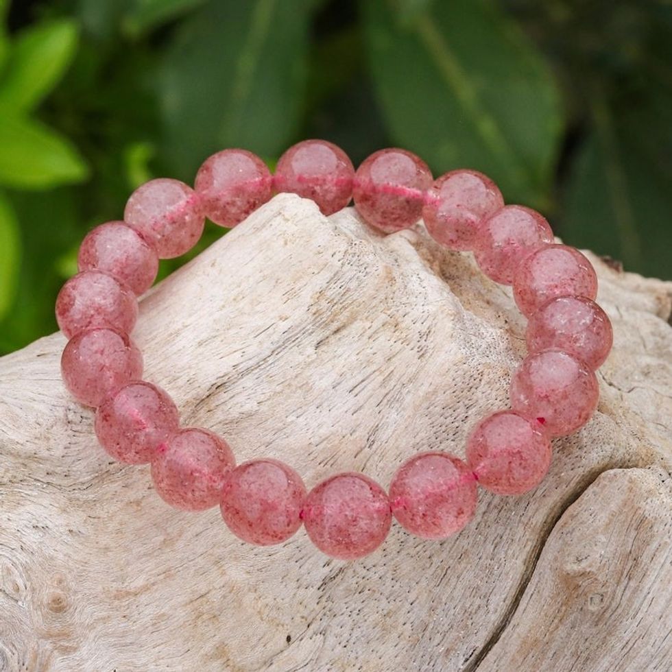 Pink Quartz Beaded Stretch Bracelet 'Sugar Pill in Strawberry'