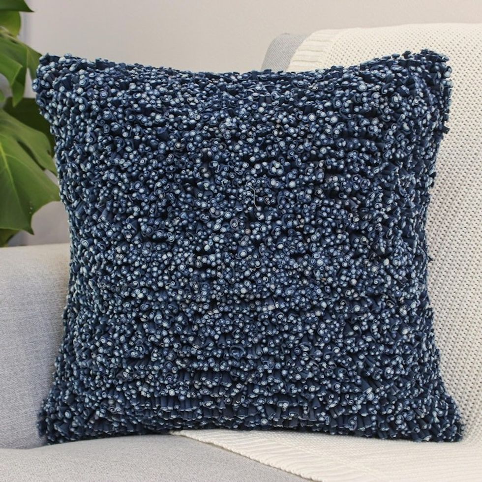 Hand Knit Navy Cotton Cushion Cover from Thailand 'Popcorn in Navy'