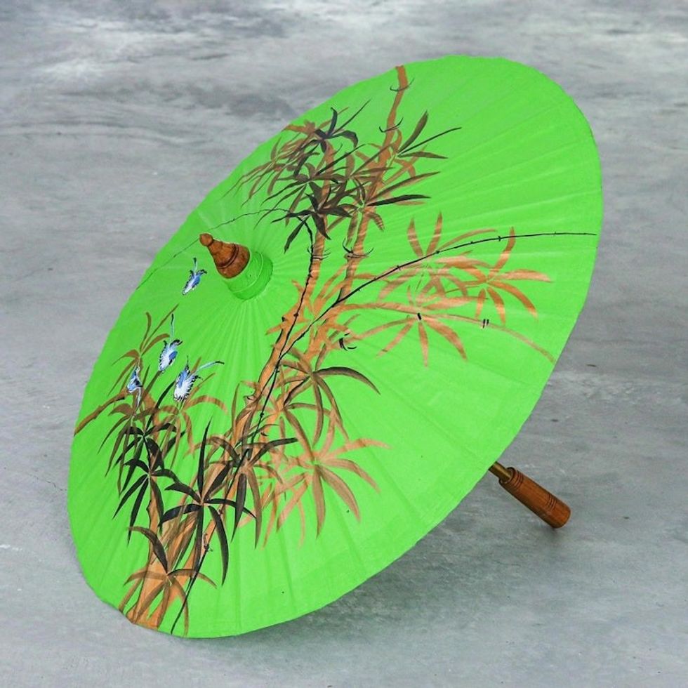 Hand-Painted Cotton Bird-Motif Parasol 'Bamboo Waving'