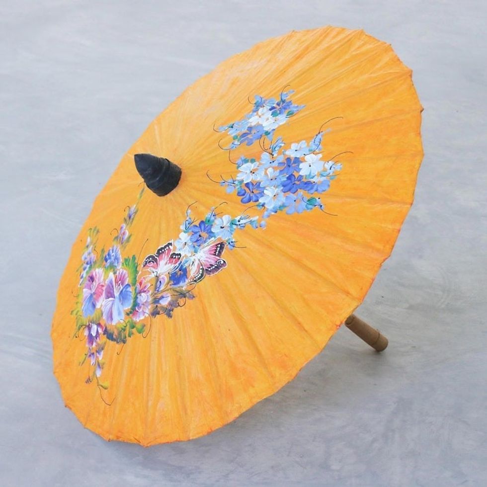 Hand-Crafted Saa Paper Parasol with Bamboo Handle 'Orange Flora'