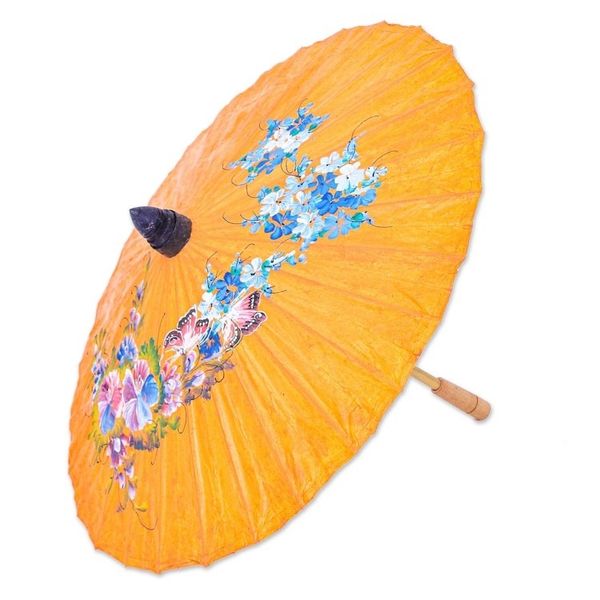Alternate image for Hand-Crafted Saa Paper Parasol with Bamboo Handle Orange Flora