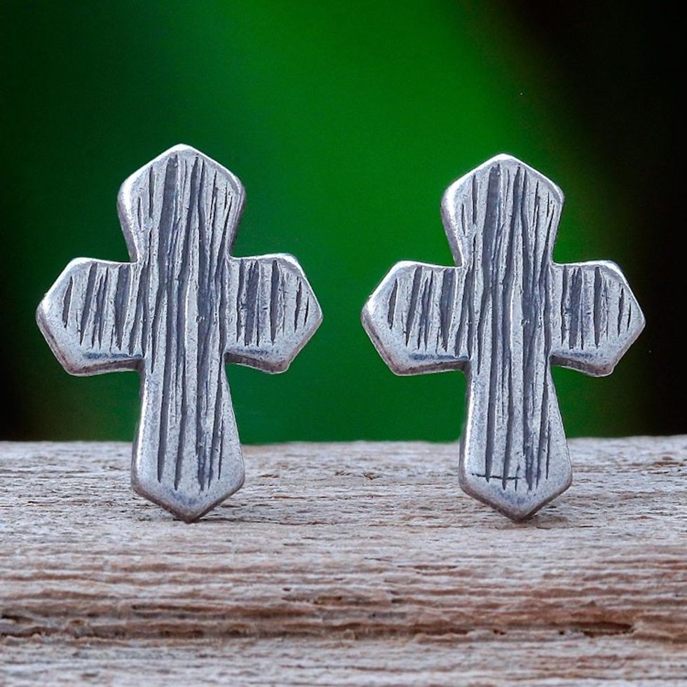 Karen Silver Cross-Motif Button Earrings 'Little Faith'