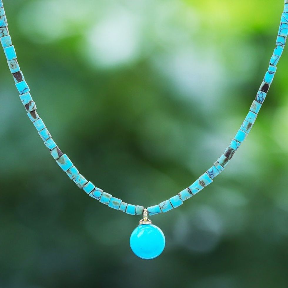 Hand Crafted Gold-Plated Magnesite Pendant Necklace 'Before Dawn in Turquoise'