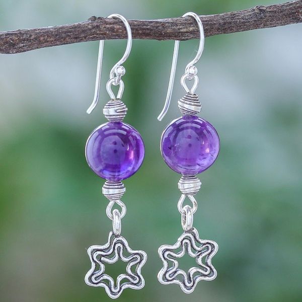 Alternate image for Amethyst Dangle Earrings with Star Motif Center Stage in Purple